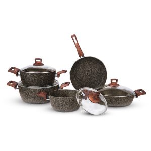 سرویس 9+1 پارچه گرانیت سیوانا مدل دسته چوبی نسکافه ای دیسکاور
