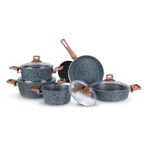سرویس 9+1 پارچه گرانیت سیوانا مدل دسته چوبی سنگی دیسکاور