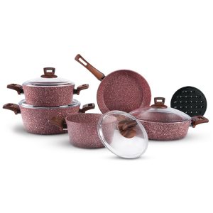 سرویس 9+1 پارچه گرانیت سیوانا مدل دسته چوبی آجری دیسکاور